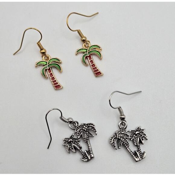 Palm Tree Earrings Pierced Dangle Drop Tropical Beach Kawaii Summer Two Pair NEW - Picture 1 of 10